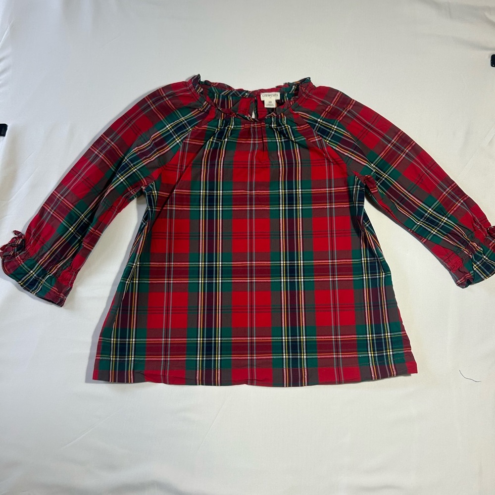 Crewcuts Girls' Plaid Ruffle-Neck Top in Red & Green